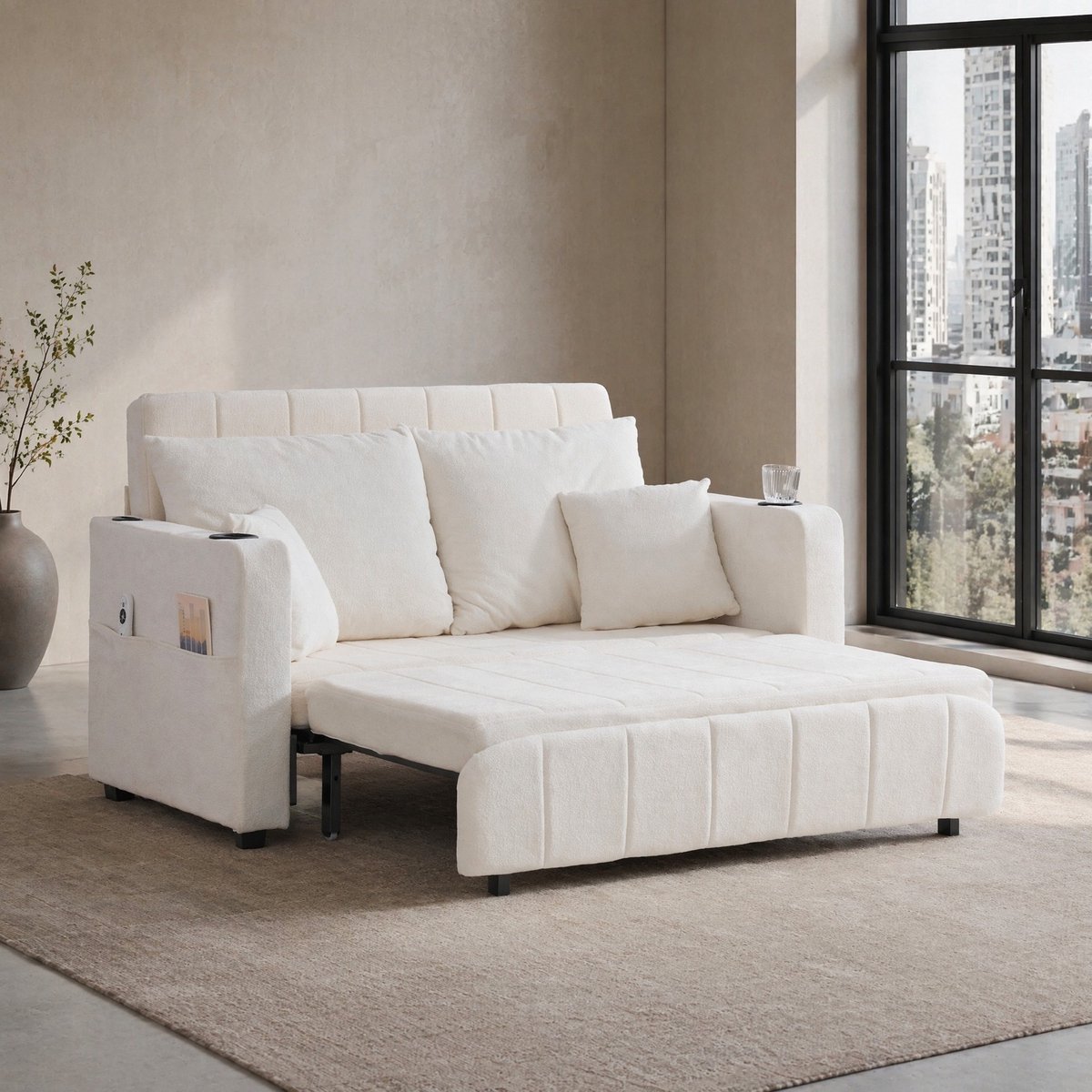DESMIU Slaapbank 2-Zits 139 X 83 X 73 Cm - Uitklapbaar Bank Bed Met Opbergvak, Usb Lader En Bekerhouder - Voor Woonkamer En Logeerkamer - Chenille - Beige