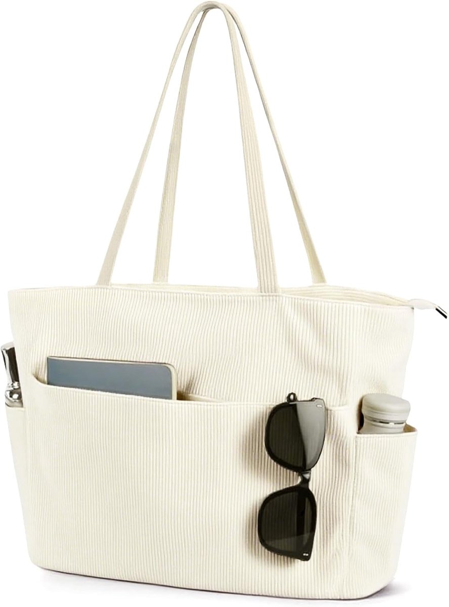 Tote bag grote strandtas - corduroy schoudertas - met zakken en rits - ideaal voor werk - ShopVlot