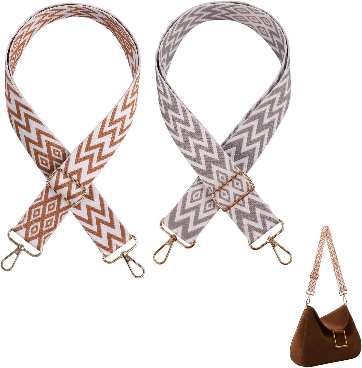 Schouderbanden Set van 2 - Verstelbaar 80-130 cm - Wit-Bruin en Grijs - ShopVlot