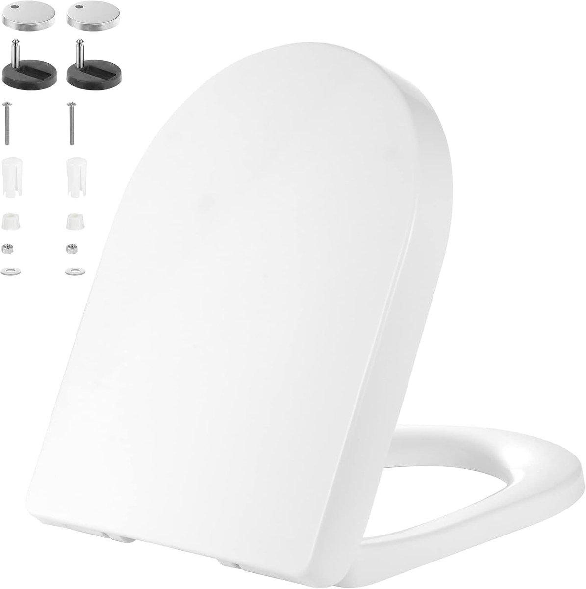 Witte D-vormige toiletbril met soft close, quick release en verstelbare bevestiging voor eenvoudige reiniging en standaard toiletten