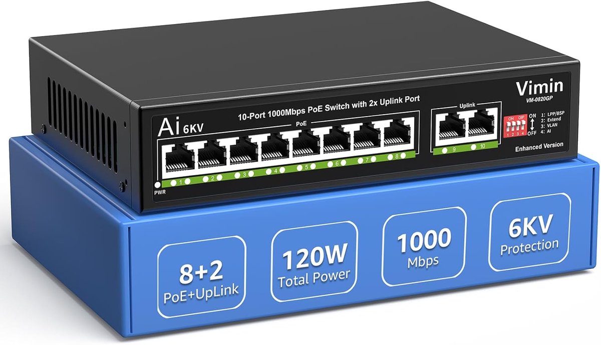 10-poorts Gigabit PoE Switch - 8x PoE+ & 2 uplink - AI Watchdog & VLAN - Perfect voor camera's en AP's - ShopVlot