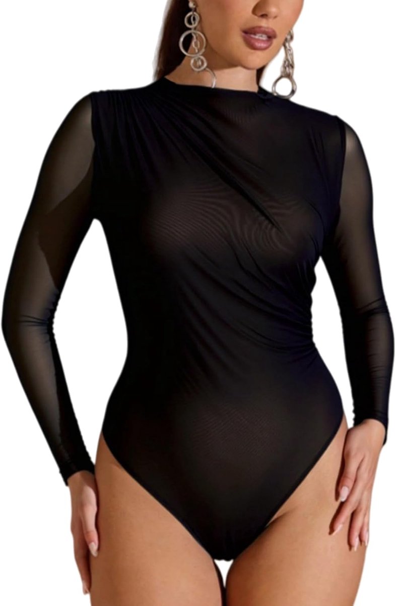 Bodysuit dames met lange mouwen - sexy transparant mesh - elegante bootneck - perfect voor feestelijke gelegenheden - ShopVlot