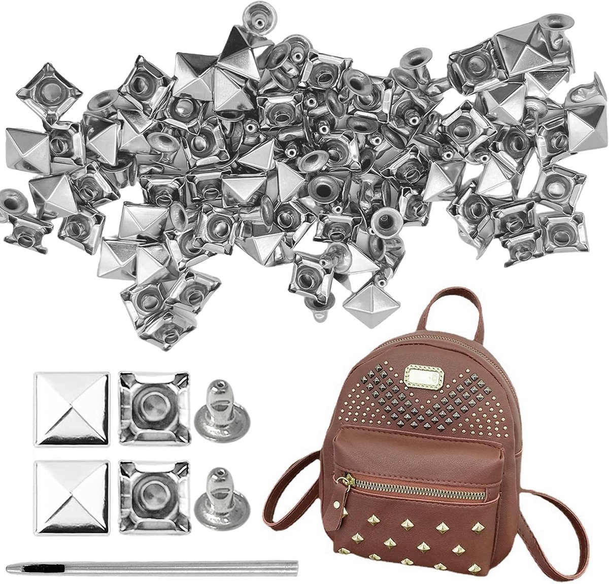 Rivetten vierkant 8mm - koperen punk rivets - compleet set met perforator - ideaal voor leren riemen - ShopVlot