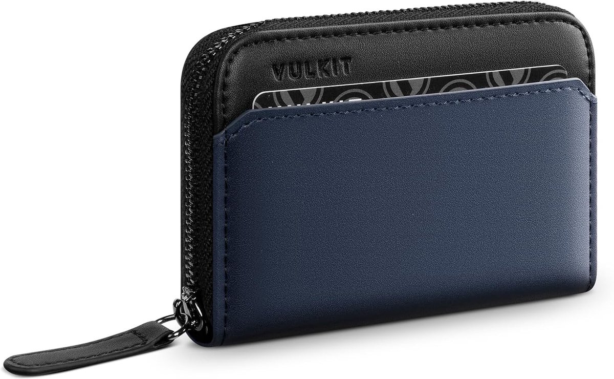 VULKIT RFID Blocking Credit Card Holder Leather Business Card Holder Minimalist Zipper Wallet, Anthracite Blue - ShopVlot