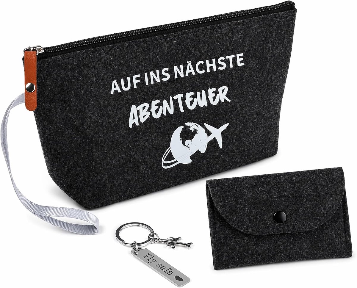 Toilettas van vilt, 3-delig, donkergrijs, met kaarthouder en sleutelhanger, reisset, draagbaar, organizer voor dames - ShopVlot
