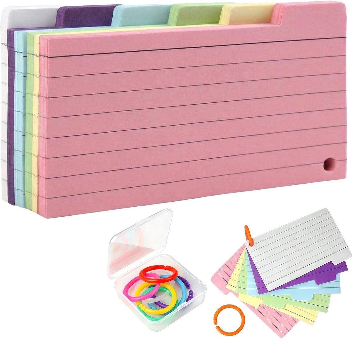 Zolara 150 stuks Bristol kaarten, gelinieerd, flashkaarten, 6 kleuren, met 8 ringen, A6, 7 x 12,5 cm, revisiekaarten - ShopVlot