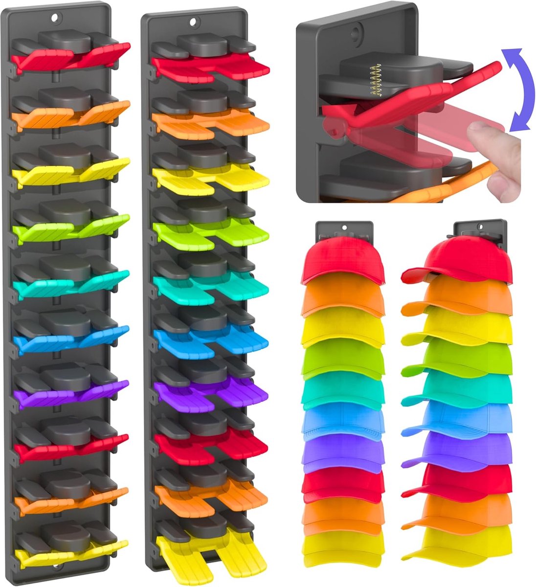 Set of 2 cap holders wall cap holder with integrated spring clips, for up to 20 hats, multi-layer cap holder with - ShopVlot