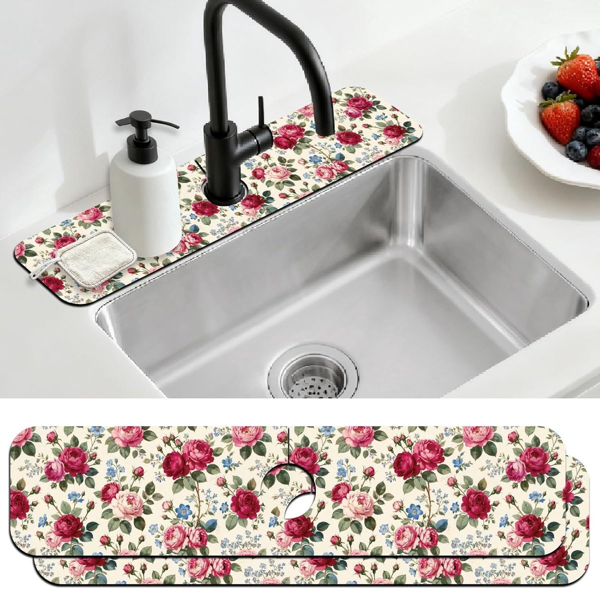 2 Stks Roze Rozen Aanrecht Splash Guard Kraan Mat Bloemen Kraan Mat voor Gootstenen Absorberende Droogmat voor Keuken - ShopVlot