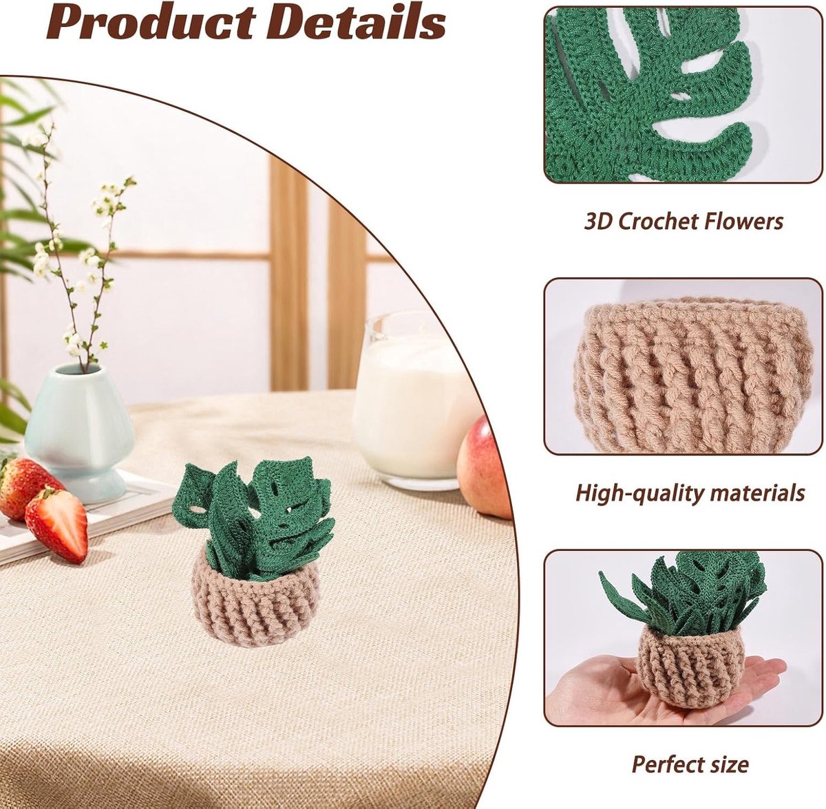 Monstera gehaakte onderzetters set met opbergpot, handgemaakt, polyester, 6 stuks, gemengde kleuren, bladvorm - ShopVlot