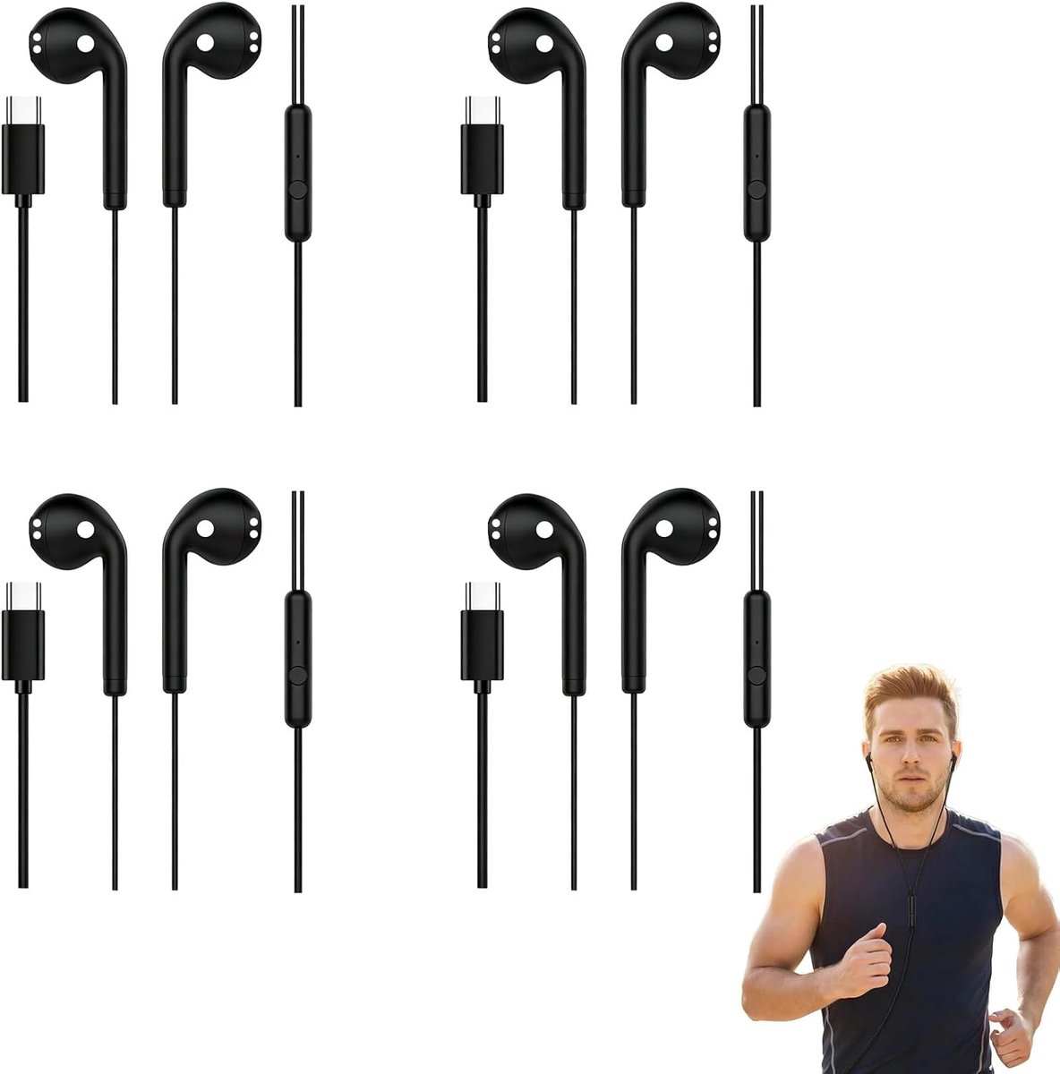 Bedrade in-ear hoofdtelefoon type C - 4 stuks - met microfoon en volumeregeling - voor mobiel en pc - ShopVlot