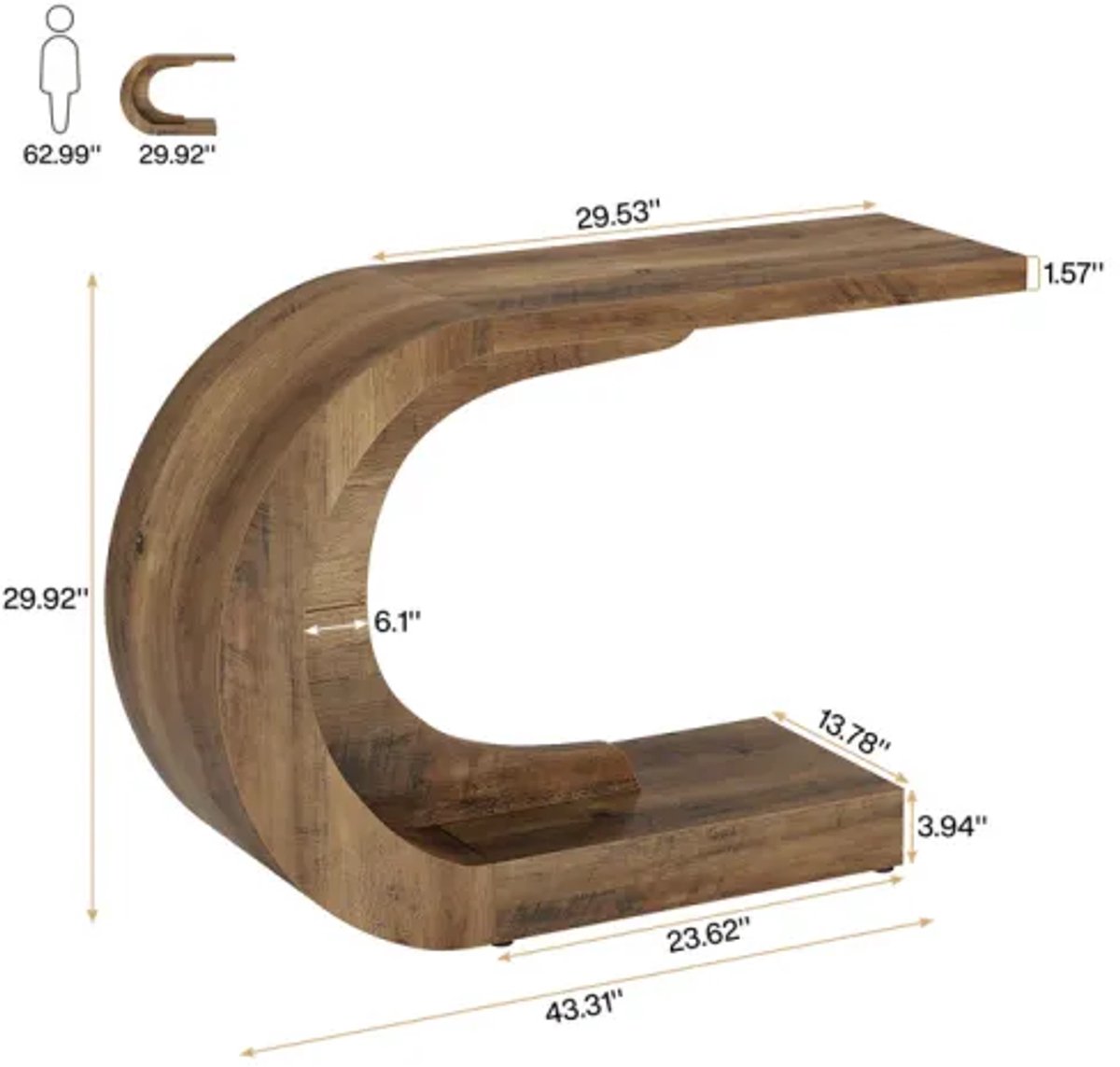 OKWISH Sidetable - C-Vorm - 110 x 35 x 75 Cm - Voor Hal En Woonkamer - Zonder Lades - Modern - Hout - Rustic Brown