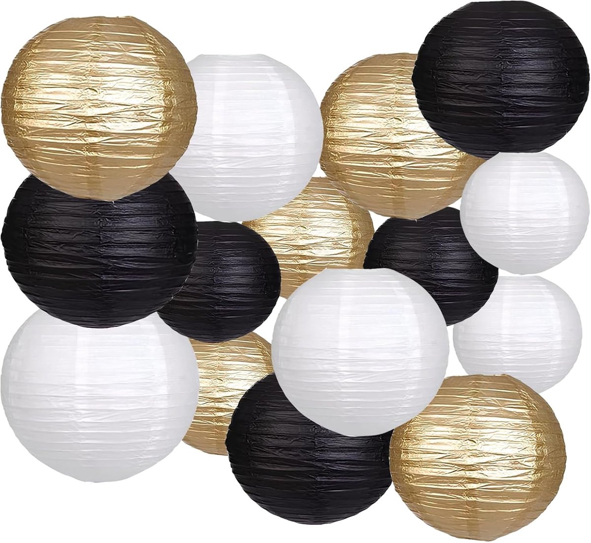 Papieren lantaarns 15 stuks - zwart goud wit - hangend - sfeervolle decoratie voor feesten - ShopVlot