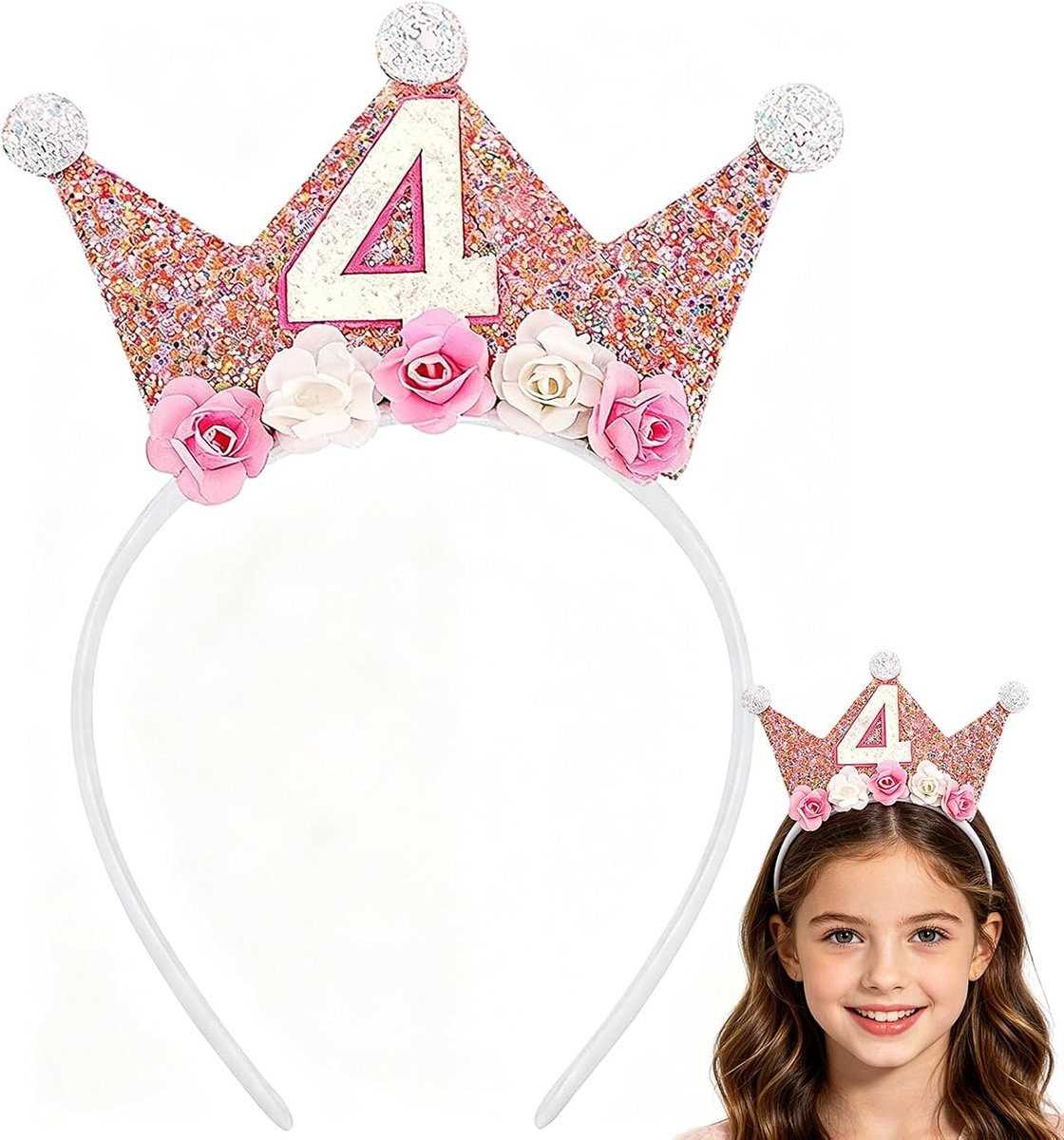 Verjaardagskroon voor 4e jaar, voor meisjes, haarband, verjaardag, hoofdband met rozenbloemen, voor vrouwen - ShopVlot