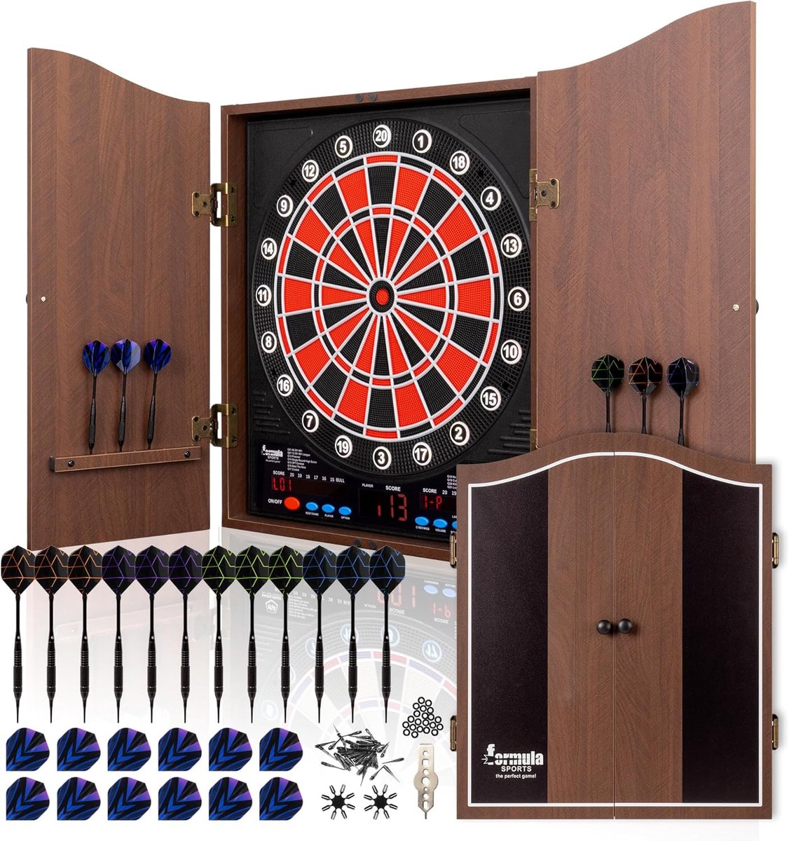 Elektronisch dartbord met zachte punt met houten kast, 34,3 cm doel, 28 sets, inclusief 12 darts - ShopVlot