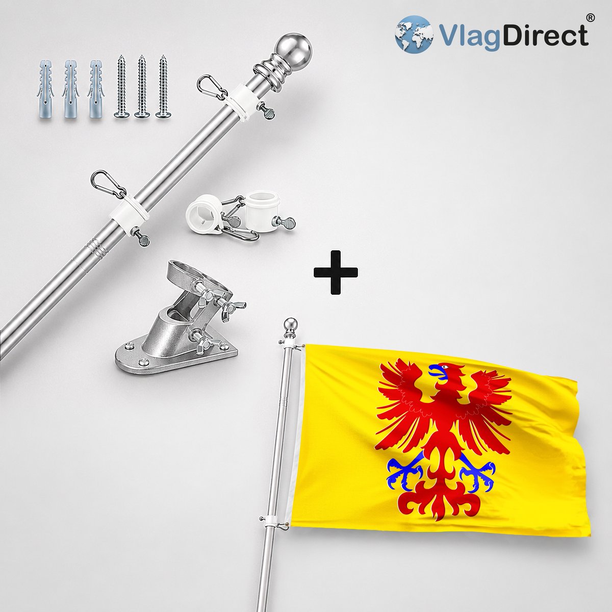 VlagDirect - Compleet vlaggenpakket - Zilveren vlaggenstok inclusief vlaggenstokhouder + Gemeente Rochefort vlag - 90 x 150 cm.