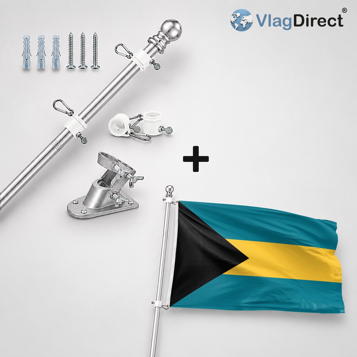 VlagDirect - Compleet vlaggenpakket - Zilveren vlaggenstok inclusief vlaggenstokhouder + Bahamaanse vlag - Bahama's vlag - Bahamas vlag - 90 x 150 cm.