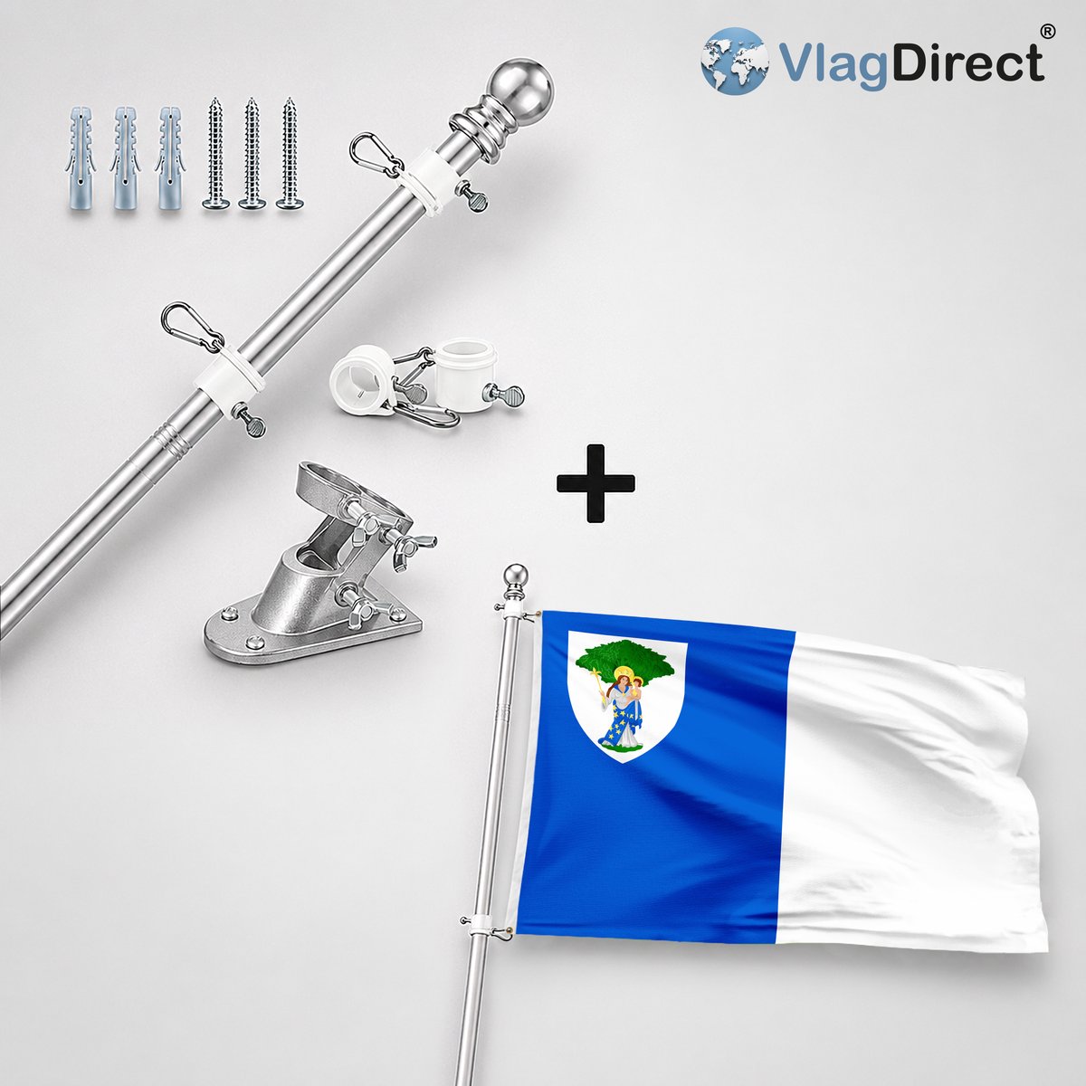 VlagDirect - Compleet vlaggenpakket - Zilveren vlaggenstok inclusief vlaggenstokhouder + Boomse vlag - Gemeente Boom vlag - 90 x 150 cm.