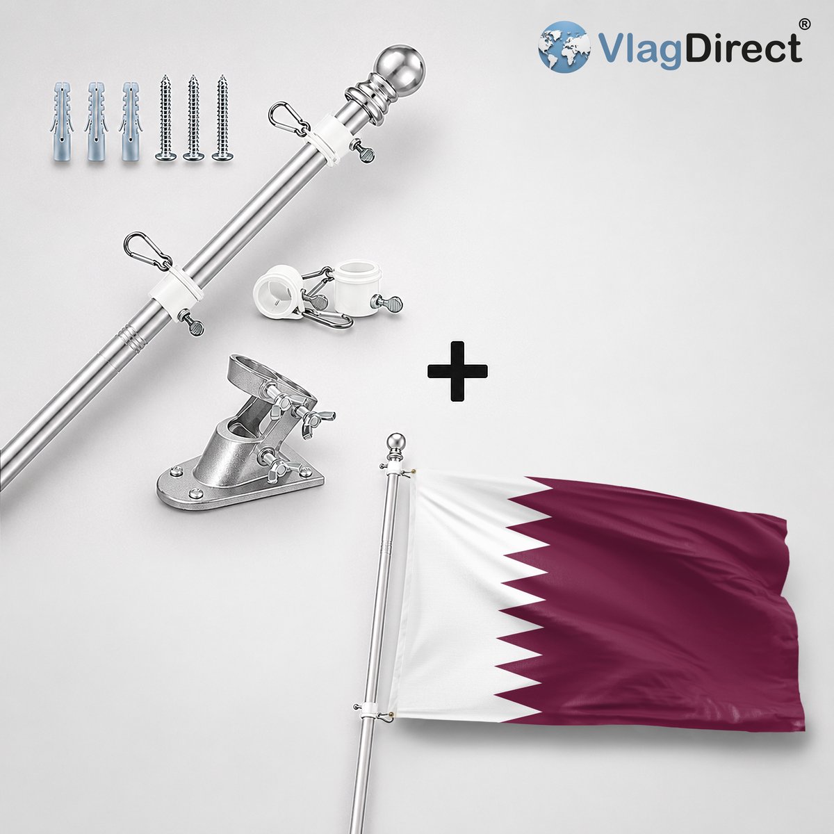 VlagDirect - Compleet vlaggenpakket - Zilveren vlaggenstok inclusief vlaggenstokhouder + Qatarese vlag - Qatar vlag - 90 x 150 cm.