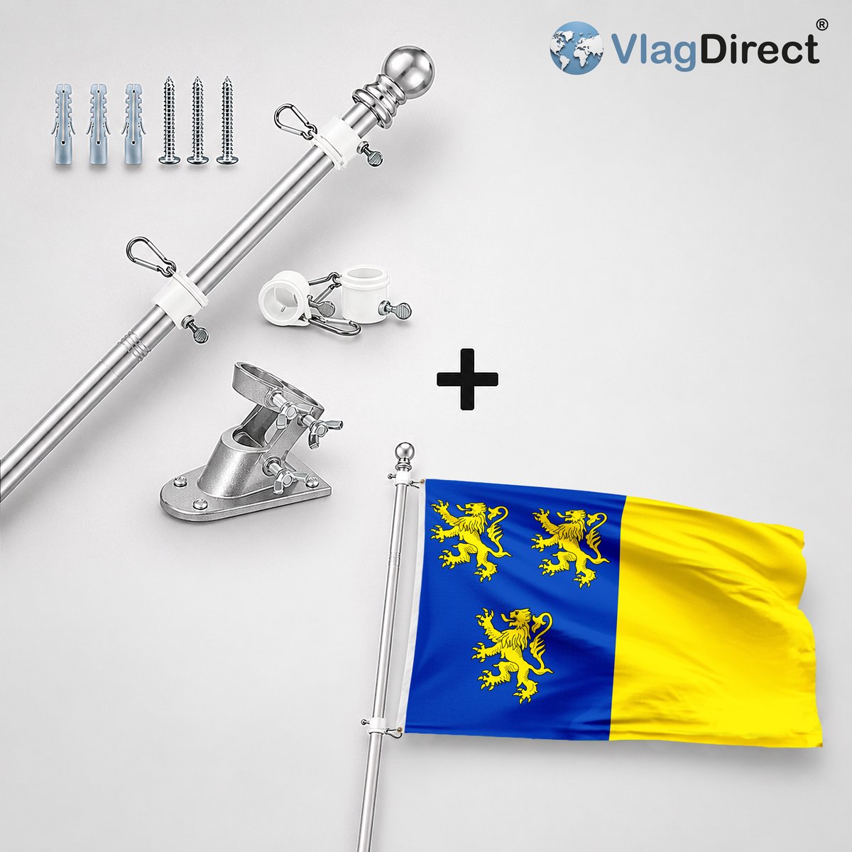 VlagDirect - Compleet vlaggenpakket - Zilveren vlaggenstok inclusief vlaggenstokhouder + Eigen Ontwerp vlag - Custom vlag - 90 x 150 cm.