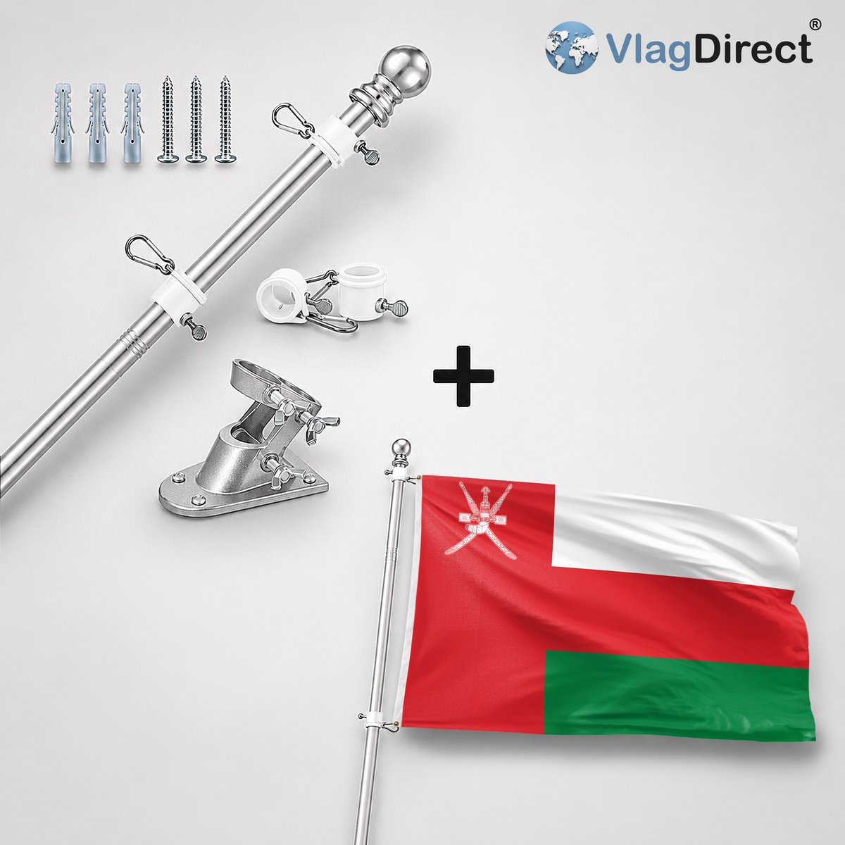 VlagDirect - Compleet vlaggenpakket - Zilveren vlaggenstok inclusief vlaggenstokhouder + Omaanse vlag - Oman vlag - 90 x 150 cm.