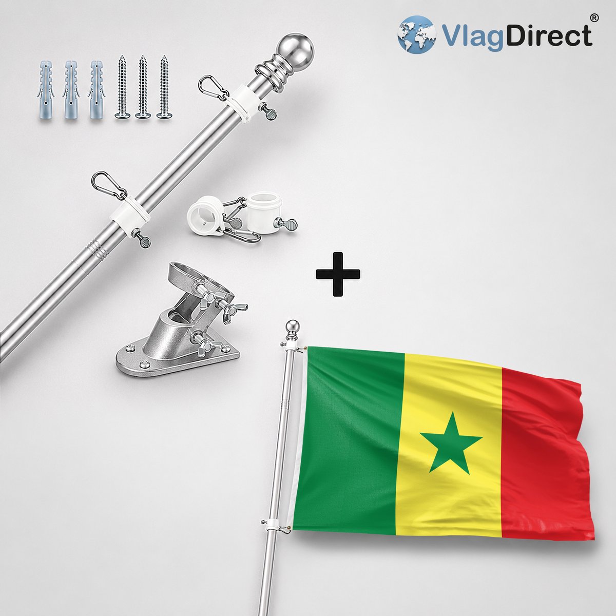 VlagDirect - Compleet vlaggenpakket - Zilveren vlaggenstok inclusief vlaggenstokhouder + Senegalese vlag - Senegal vlag - 90 x 150 cm.