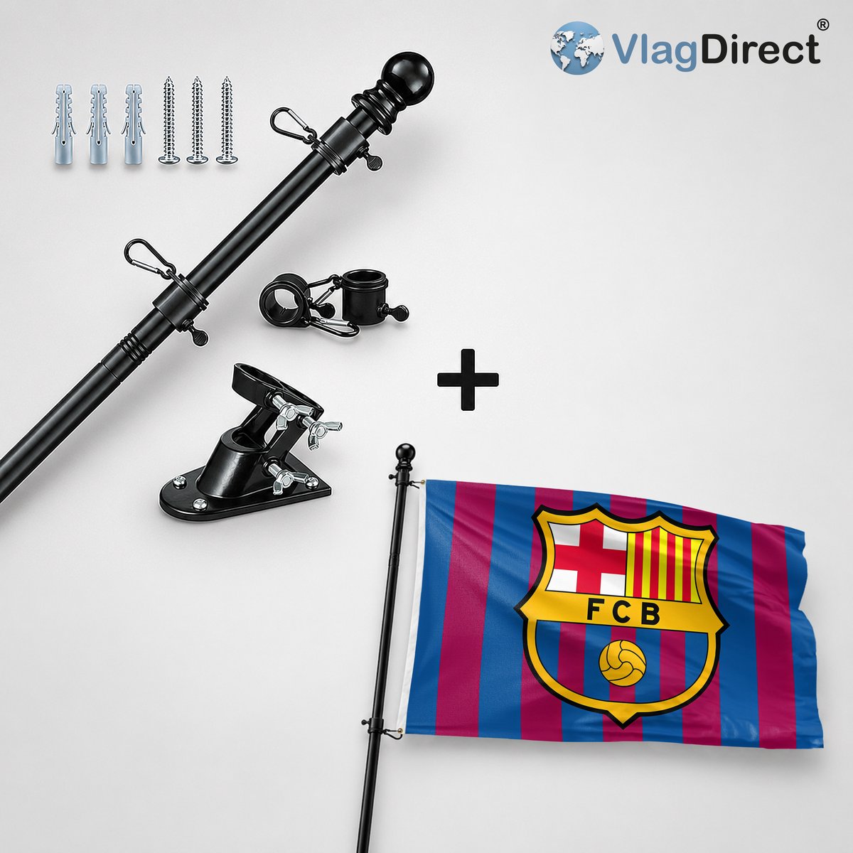 VlagDirect - Compleet vlaggenpakket - Zwarte vlaggenstok inclusief vlaggenstokhouder + FC Barcelona vlag - 90 x 150 cm.