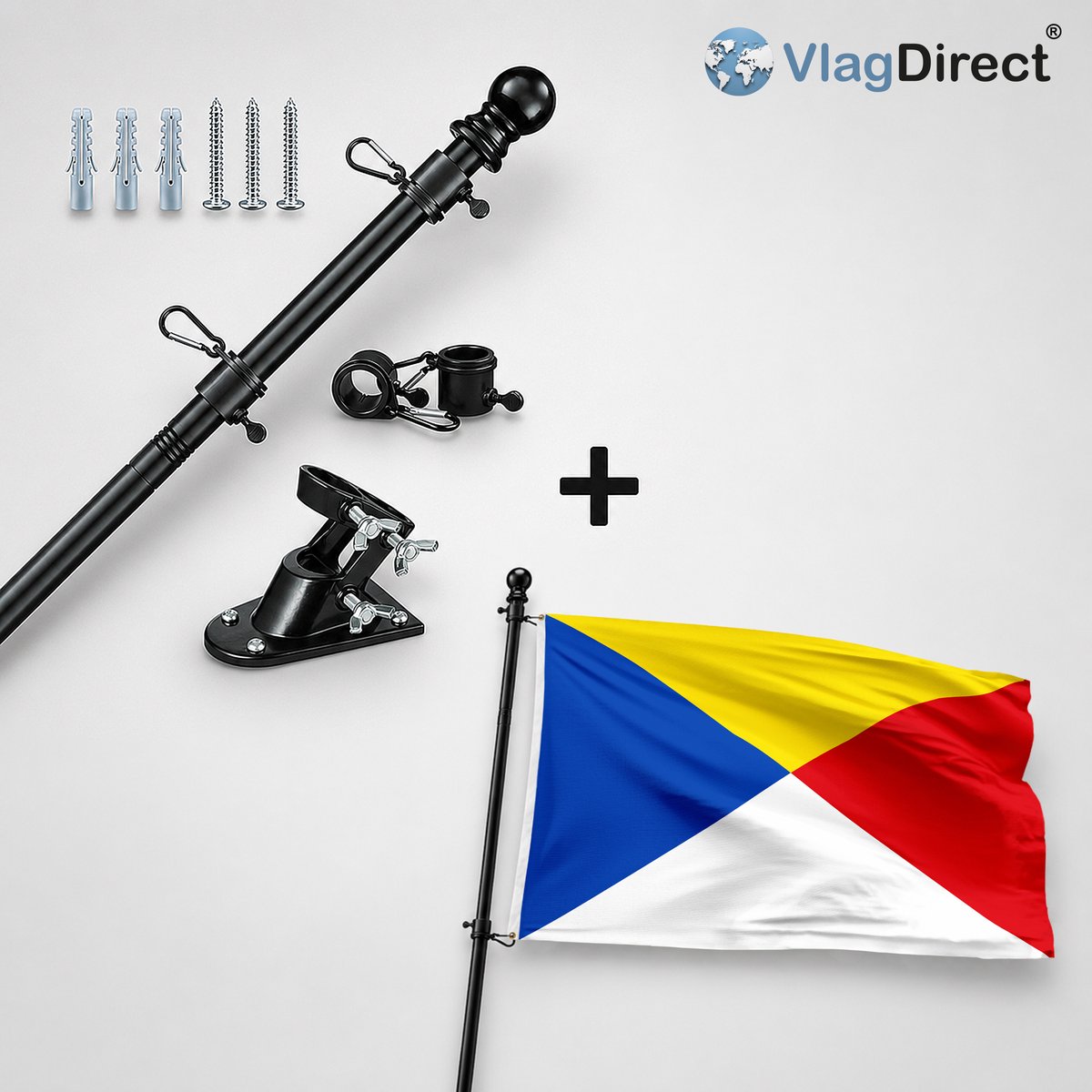 VlagDirect - Compleet vlaggenpakket - Zwarte vlaggenstok inclusief vlaggenstokhouder + Wuustwezelse vlag - Gemeente Wuustwezel vlag - 90 x 150 cm.