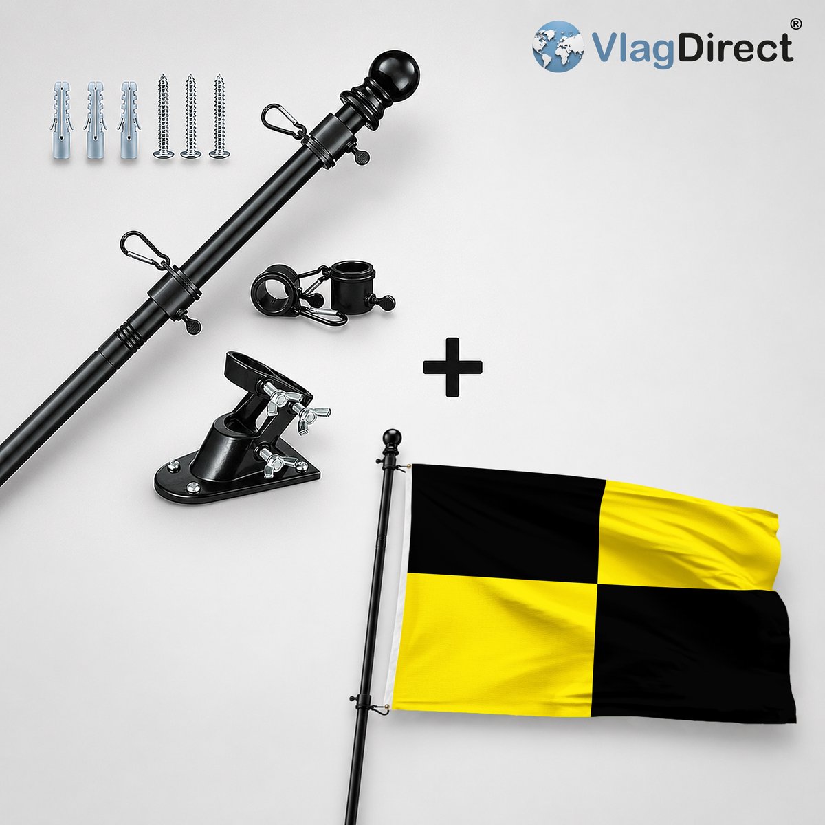 VlagDirect - Compleet vlaggenpakket - Zwarte vlaggenstok inclusief vlaggenstokhouder + Lubbeekse vlag - Gemeente Lubbeek vlag - 90 x 150 cm.