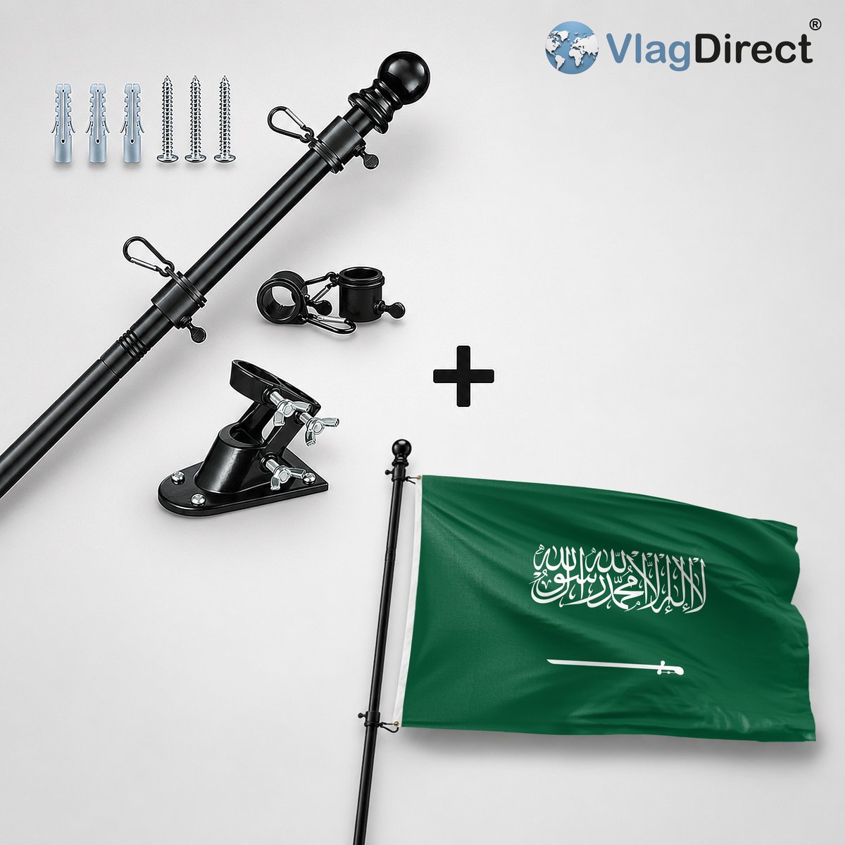 VlagDirect - Compleet vlaggenpakket - Zwarte vlaggenstok inclusief vlaggenstokhouder + Saoedi Arabische vlag - Saoedi Arabie vlag - Saudi Arabië vlag - 90 x 150 cm.
