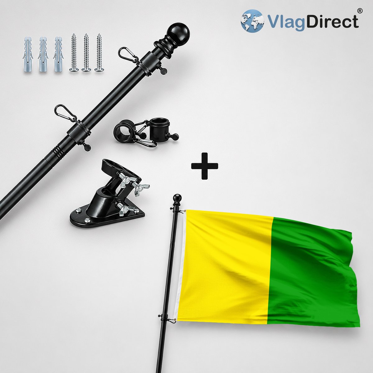VlagDirect - Compleet vlaggenpakket - Zwarte vlaggenstok inclusief vlaggenstokhouder + Hoeilaartse vlag - Gemeente Hoeilaart vlag - 90 x 150 cm.