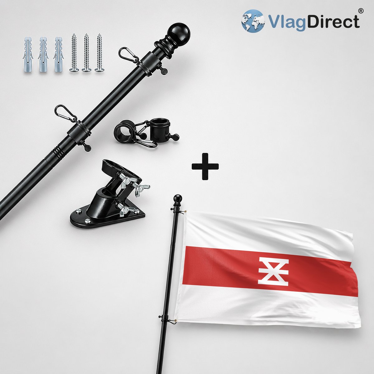 VlagDirect - Compleet vlaggenpakket - Zwarte vlaggenstok inclusief vlaggenstokhouder + Enschede vlag - Gemeente Enschede vlag - 90 x 150 cm.