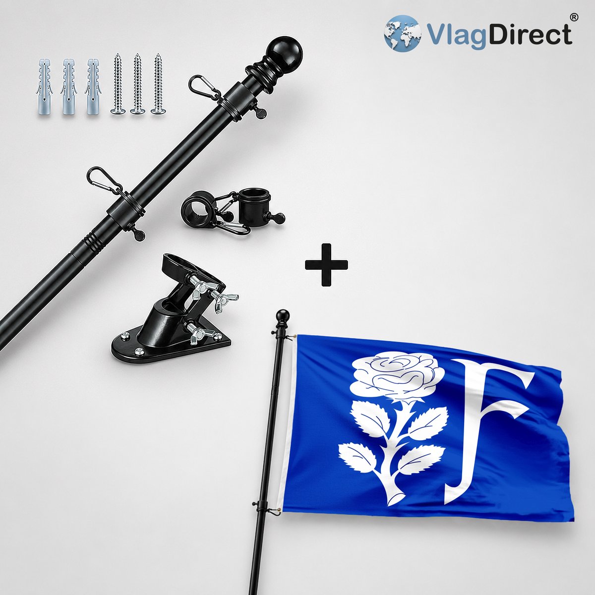 VlagDirect - Compleet vlaggenpakket - Zwarte vlaggenstok inclusief vlaggenstokhouder + Gemeente Floreffe vlag - 90 x 150 cm.
