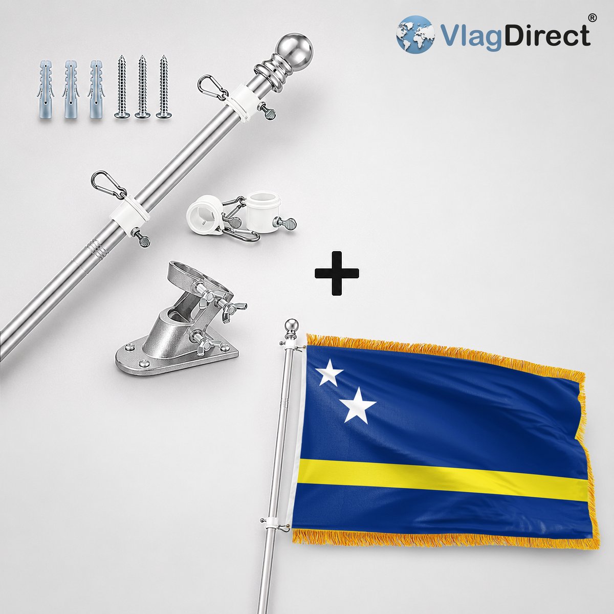 VlagDirect - Compleet vlaggenpakket - Zilveren vlaggenstok inclusief vlaggenstokhouder + Luxe Curaçaose vlag - Luxe Curaçao vlag - 90 x 150 cm - Franjes.