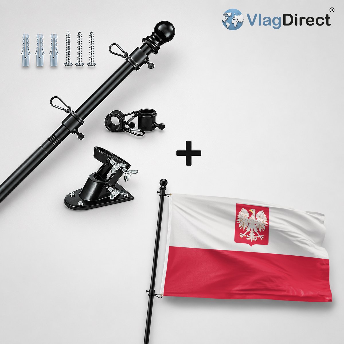 VlagDirect - Compleet vlaggenpakket - Zwarte vlaggenstok inclusief vlaggenstokhouder + Poolse vlag met wapen - Polen vlag met wapen - 90 x 150 cm.