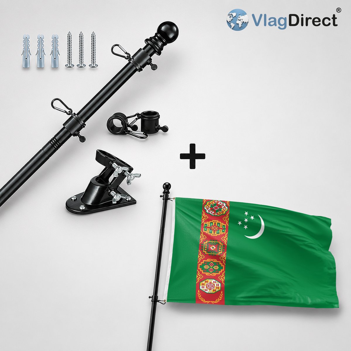VlagDirect - Compleet vlaggenpakket - Zwarte vlaggenstok inclusief vlaggenstokhouder + Turkmeense vlag - Turkmenistan vlag - 90 x 150 cm