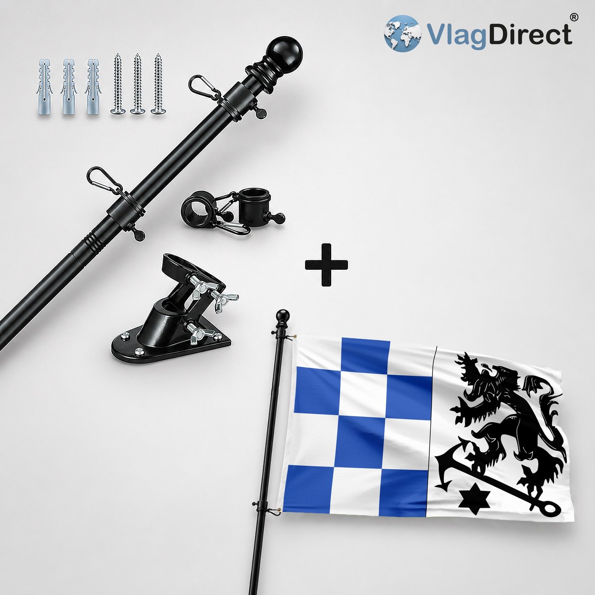 VlagDirect - Compleet vlaggenpakket - Zwarte vlaggenstok inclusief vlaggenstokhouder + Middelkerkse vlag - Gemeente Middelkerke vlag - 90 x 150 cm.