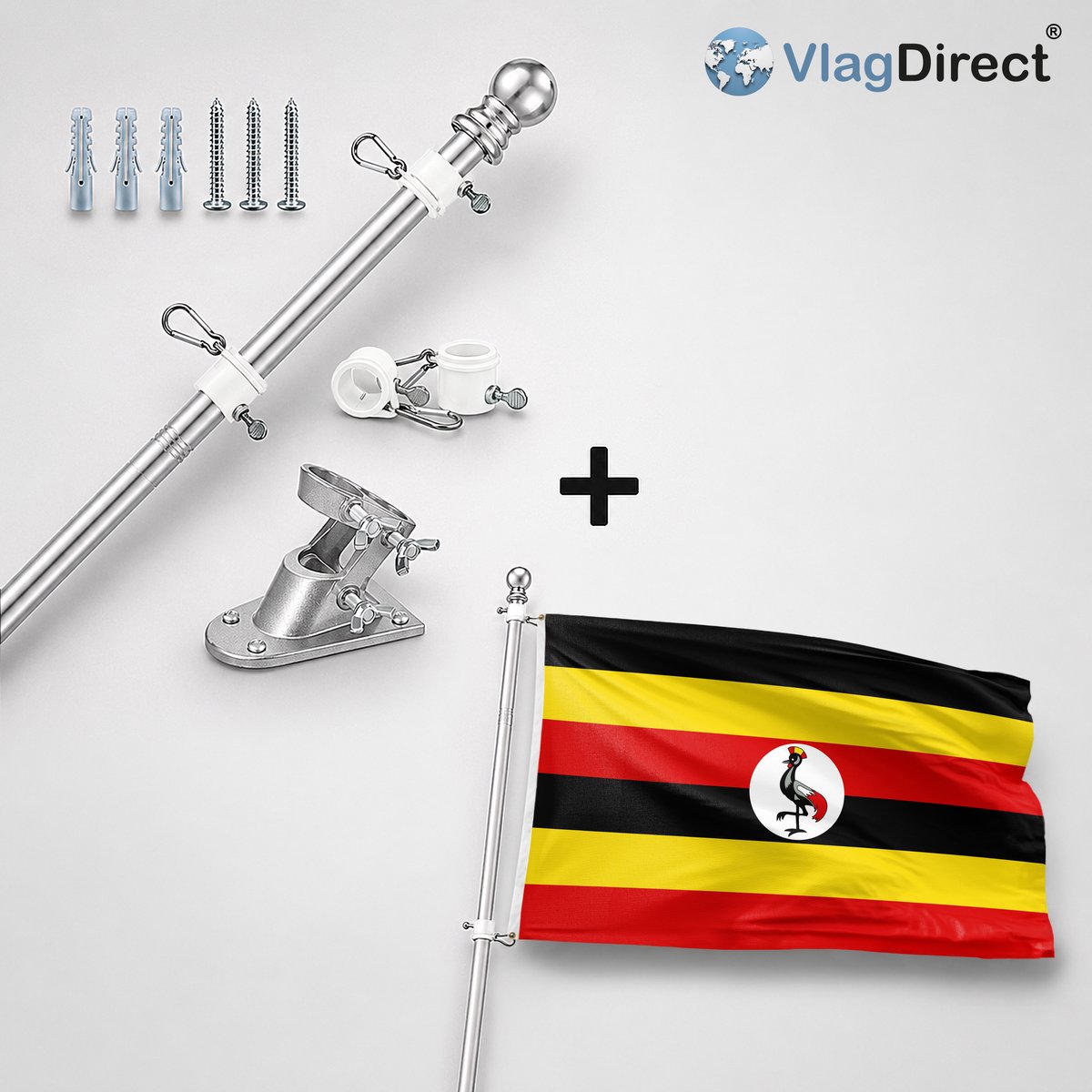 VlagDirect - Compleet vlaggenpakket - Zilveren vlaggenstok inclusief vlaggenstokhouder + Oegandese vlag - Oeganda vlag - Uganda vlag - 90 x 150 cm.
