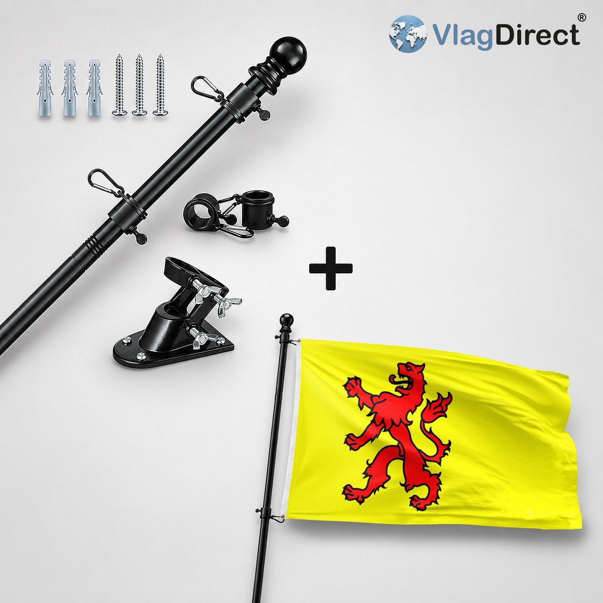 VlagDirect - Compleet vlaggenpakket - Zwarte vlaggenstok inclusief vlaggenstokhouder + Zuid-Hollandse vlag - Zuid-Holland vlag - 90 x 150 cm