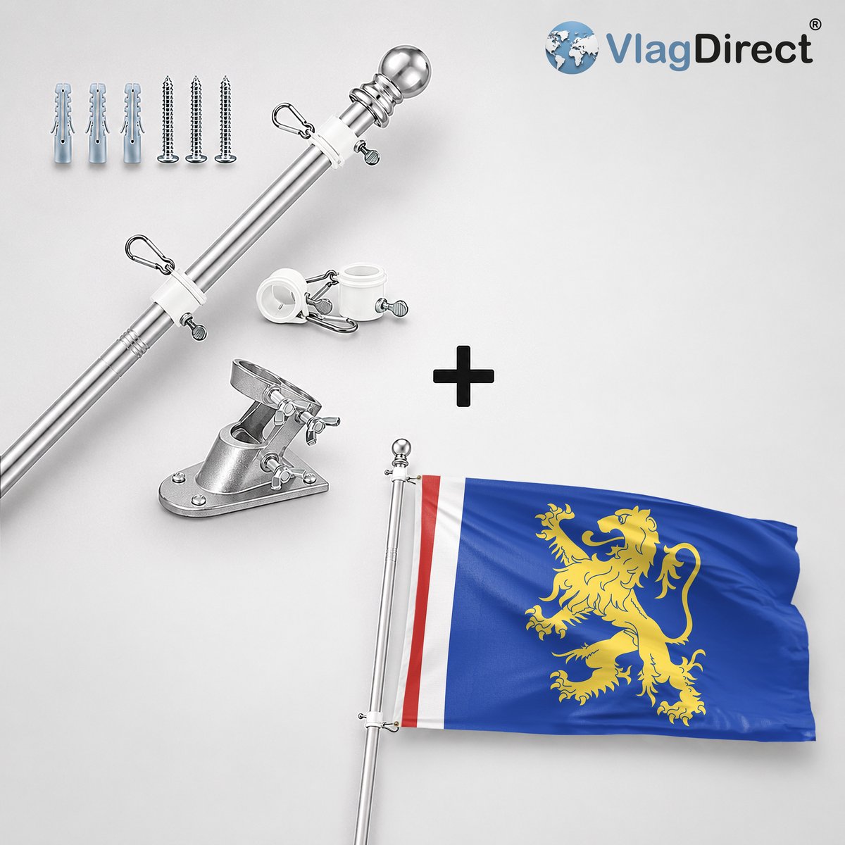 VlagDirect - Compleet vlaggenpakket - Zilveren vlaggenstok inclusief vlaggenstokhouder + Leeuwarden vlag - Gemeente Leeuwarden vlag - 90 x 150 cm.