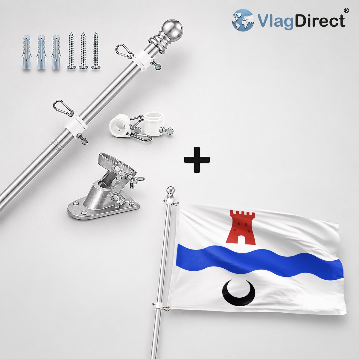 VlagDirect - Compleet vlaggenpakket - Zilveren vlaggenstok inclusief vlaggenstokhouder + Leidschendam-Voorburg vlag - Gemeente Leidschendam-Voorburg vlag - 90 x 150 cm.