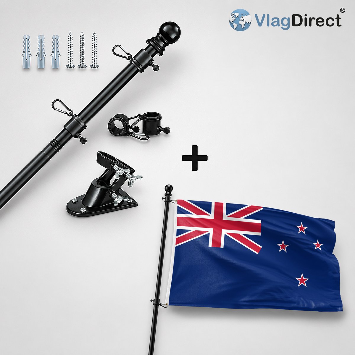 VlagDirect - Compleet vlaggenpakket - Zwarte vlaggenstok inclusief vlaggenstokhouder + Nieuw-Zeelandse vlag - Nieuw-Zeeland vlag - 90 x 150 cm.