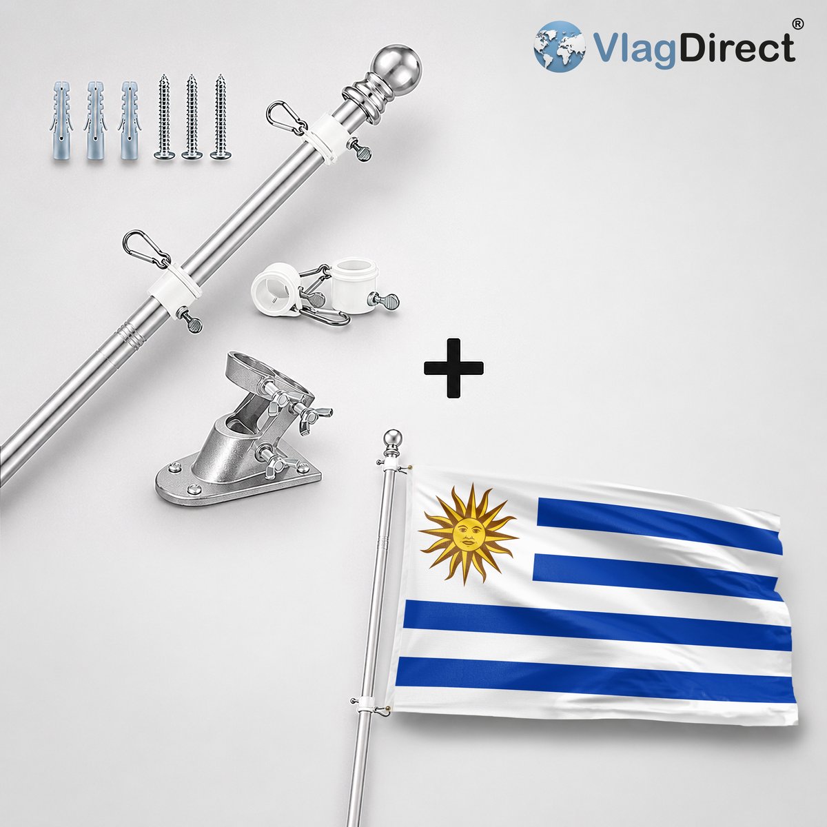 VlagDirect - Compleet vlaggenpakket - Zilveren vlaggenstok inclusief vlaggenstokhouder + Uruguayaanse vlag - Uruguay vlag - 90 x 150 cm.