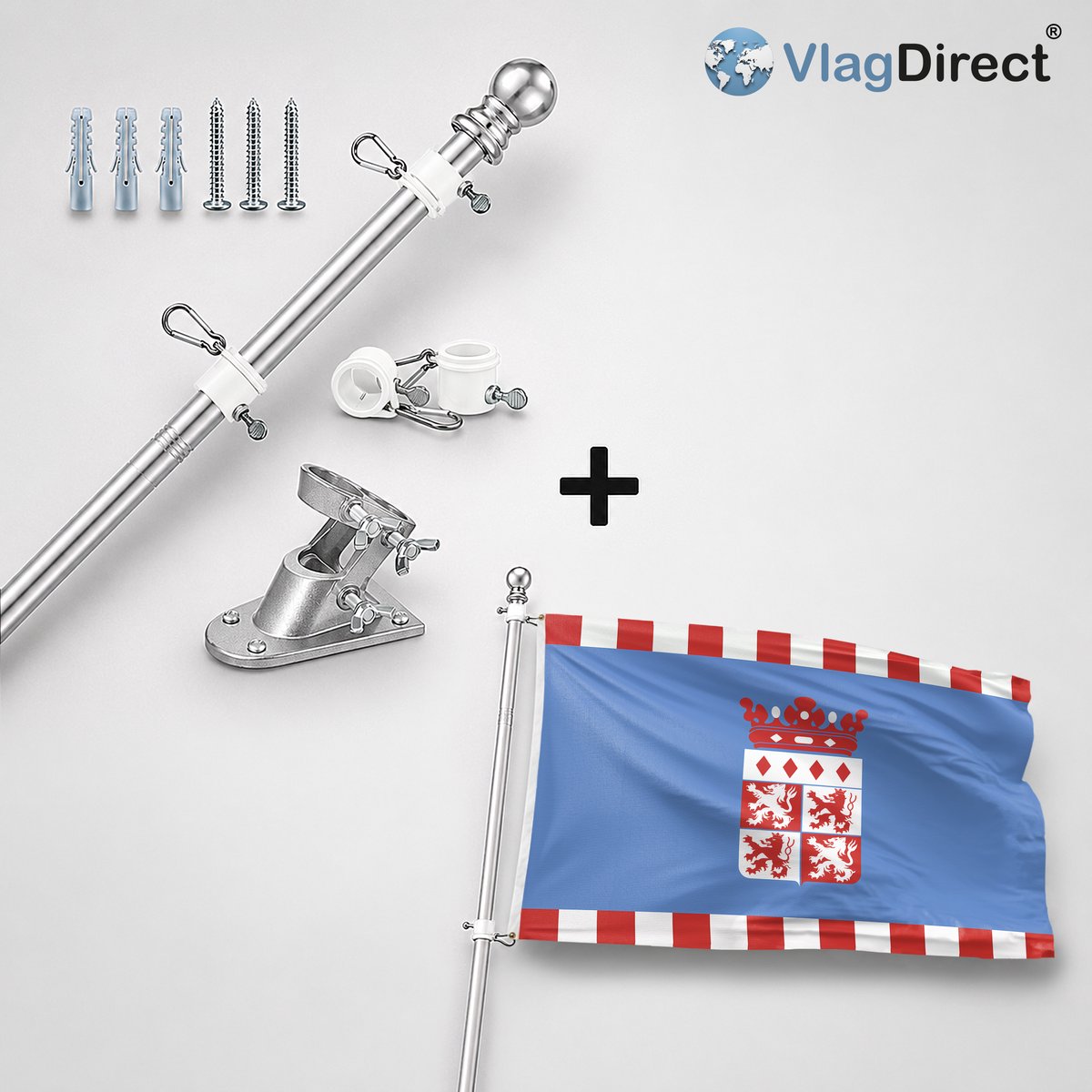 VlagDirect - Compleet vlaggenpakket - Zilveren vlaggenstok inclusief vlaggenstokhouder + Veldhoven vlag - Gemeente Veldhoven vlag - 90 x 150 cm.