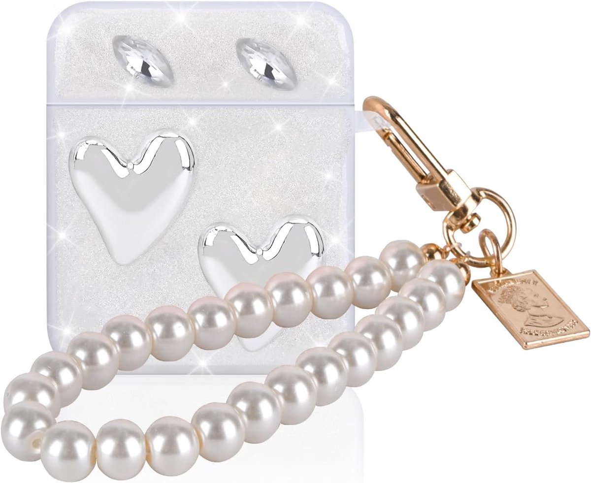 Glittering Protective Case Compatible with Airpods 1 & 2nd Generation Protective Case with Silver 3D Heart Pattern for - ShopVlot