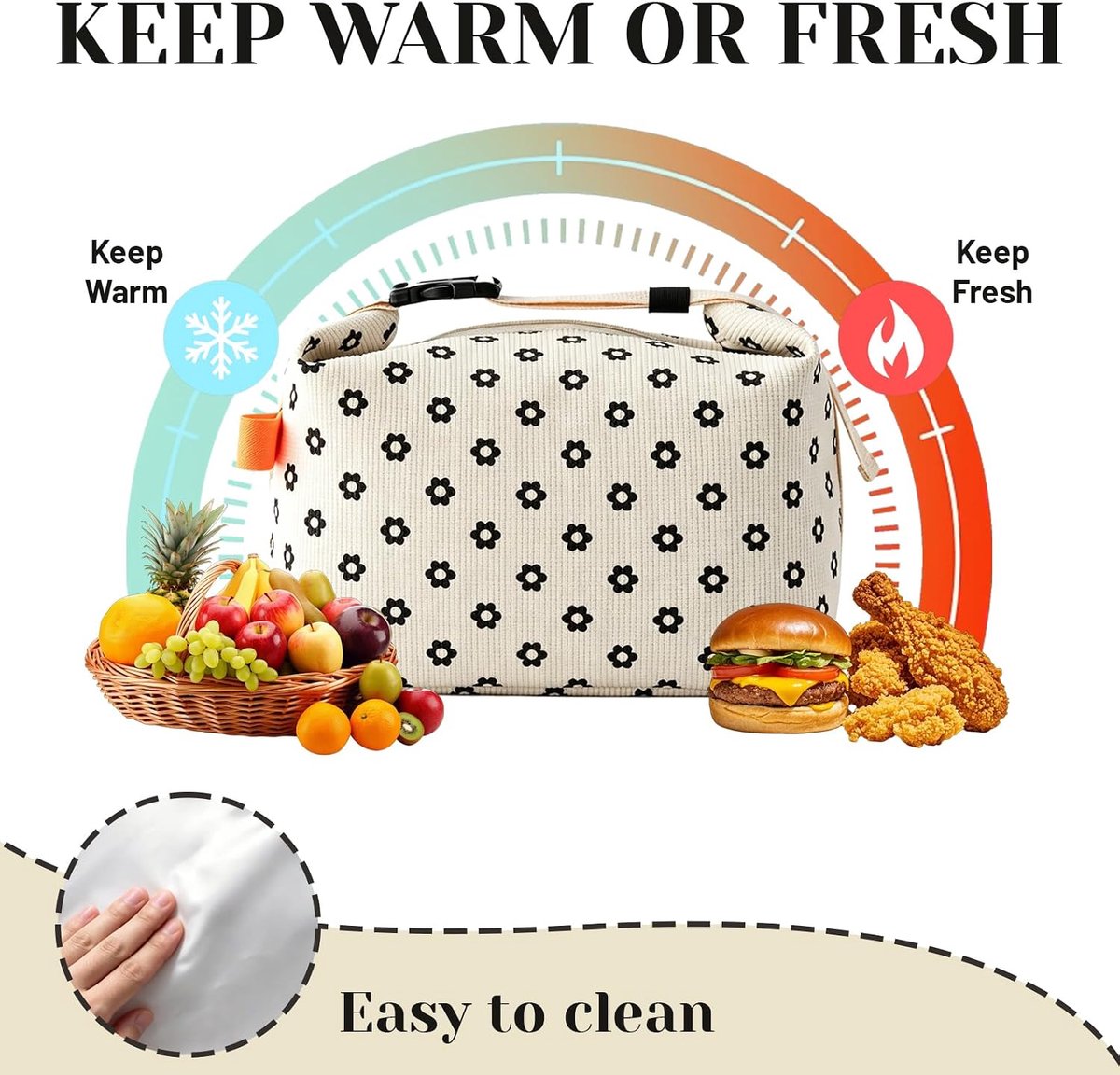 Lunchtas voor dames, corduroy, geïsoleerde koeltas, lekvrij, herbruikbare lunchtas met grote capaciteit, thermotas - ShopVlot