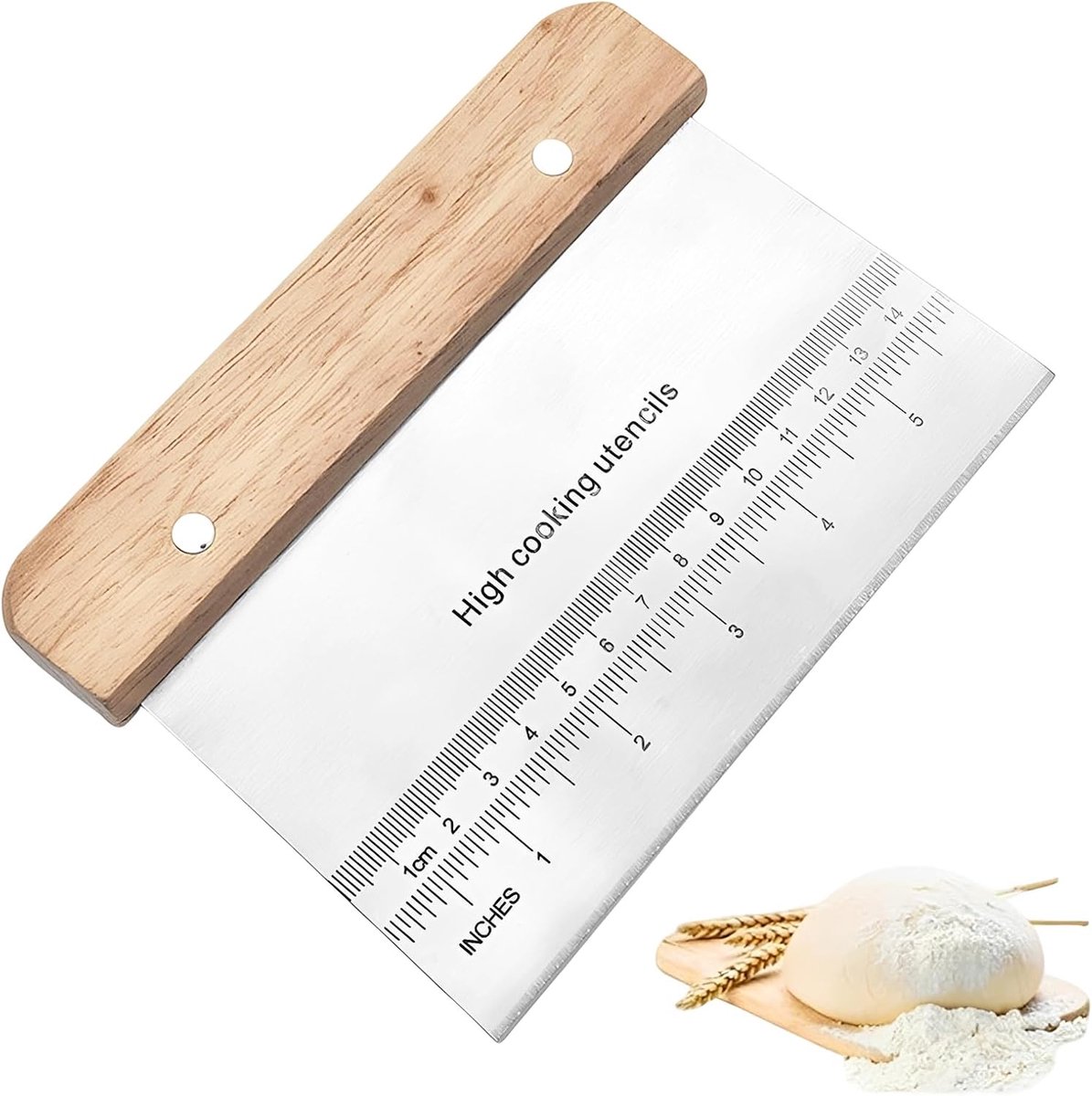 Deegschraper van roestvrij staal met maatschaal, 15 x 11 cm voor brood, pizza en gebak, ergonomische houten handgreep - ShopVlot
