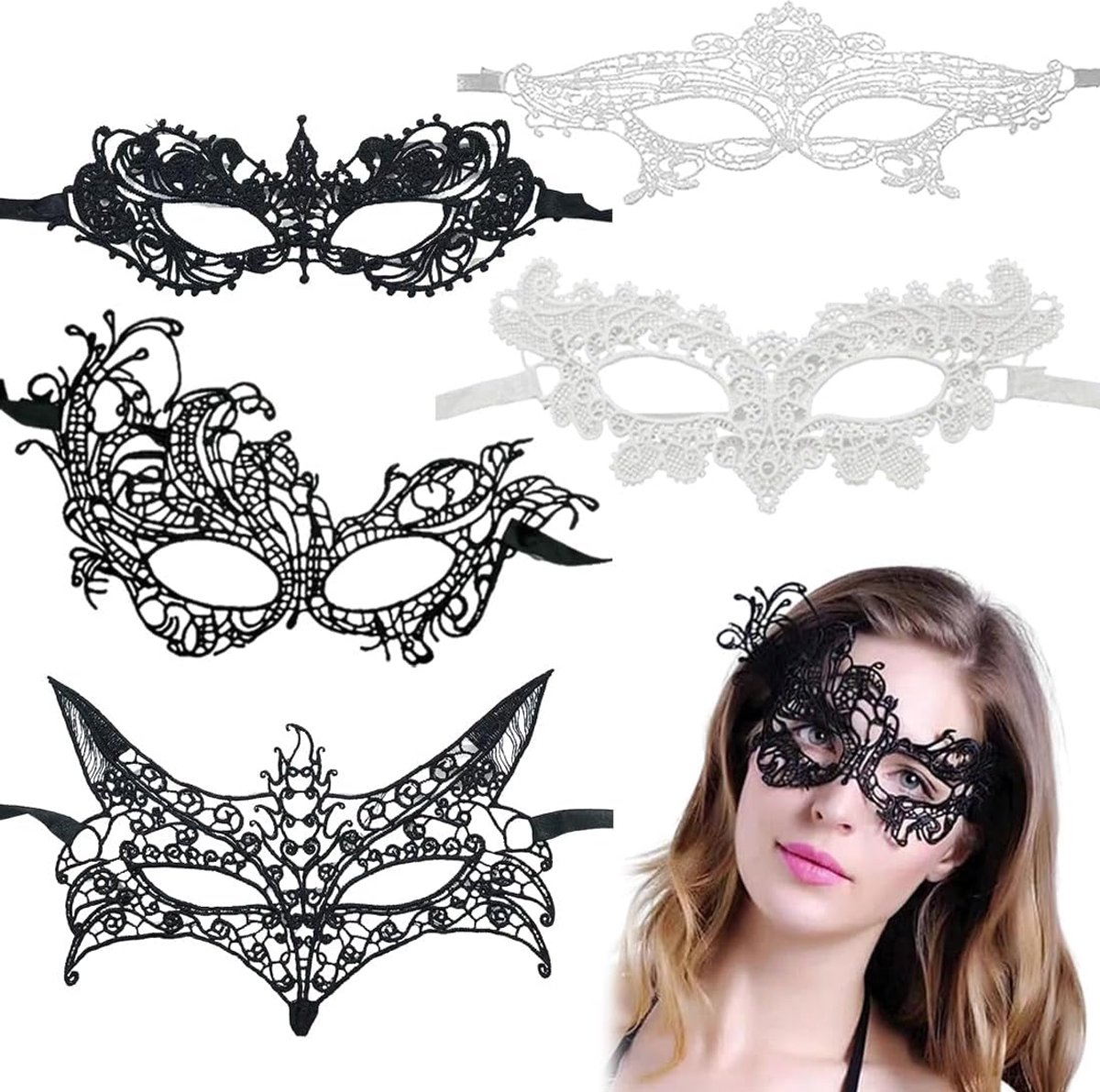 Carnavalsmasker, 5 stuks zwart kanten masker, sexy kanten masker voor dames, carnavalsmasker van kant, verkleedkleding - ShopVlot