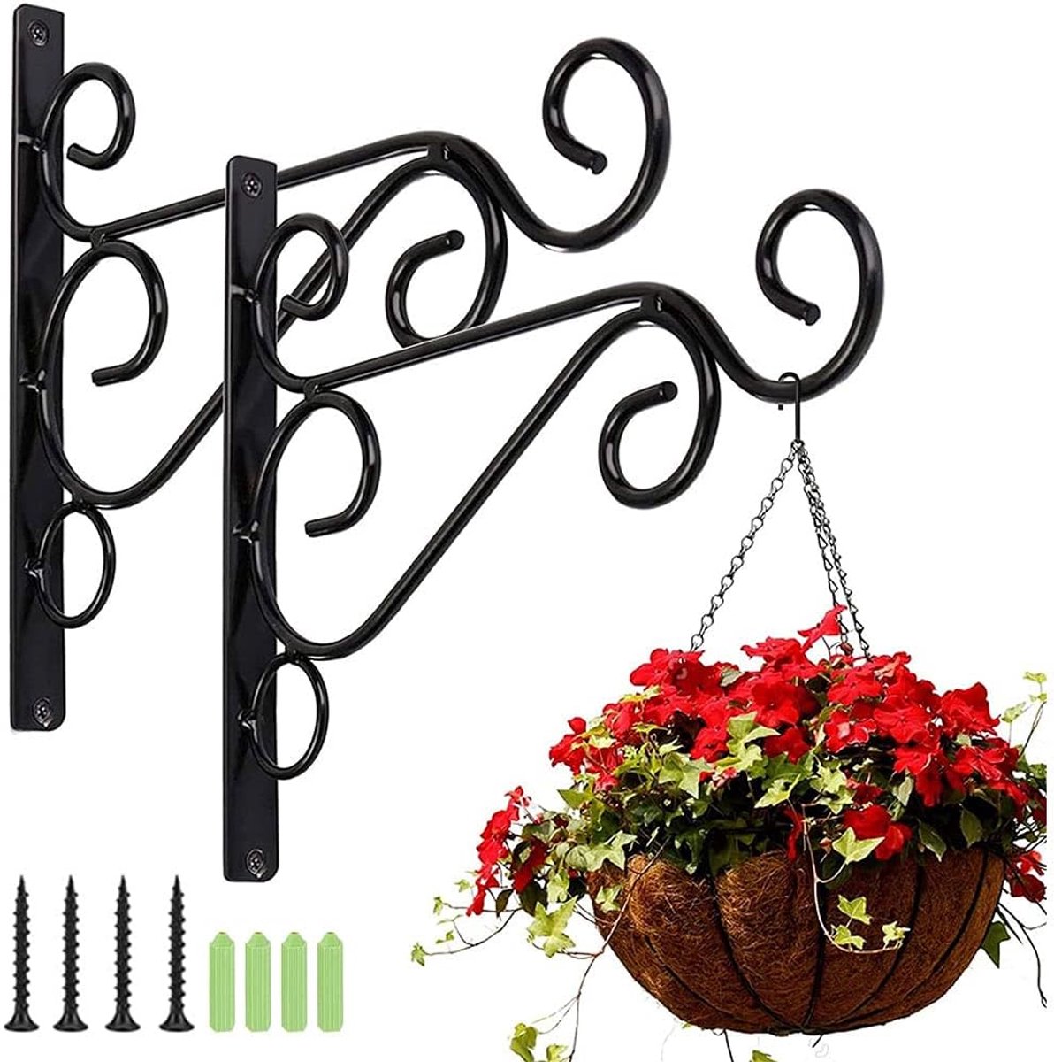 2Pcs Hanging Basket Brackets, Black Plant Hooks, Iron Bracket with Screws for Outdoor Garden Basket Lantern Decoration - ShopVlot