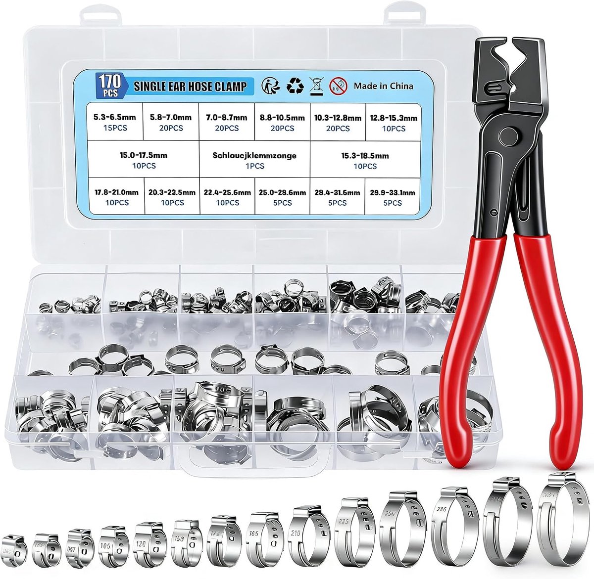 VAYALT 170 Pieces Stainless Steel Hose Clamps with Hose Clamp Pliers, 14 Sizes 5.3-33.1 mm, Robust Hose Clamp, Fuel - ShopVlot