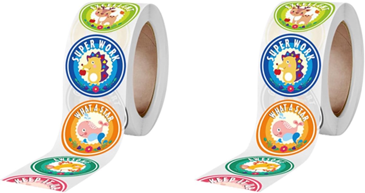 Beloningsstickers op rol, kleurrijke motivatiestickers voor kinderen, 2 rollen, rond, met diermotieven - ShopVlot